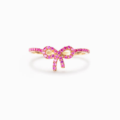 14K Solid Gold Pink Pavé Bow Ring