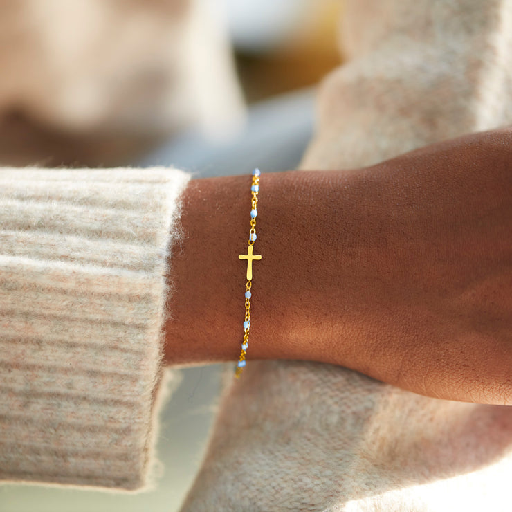 Cross Bracelet With Blue Beads