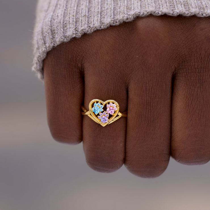 Proud Dog Mom Paw In Heart 1-5 Birthstones Ring