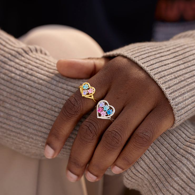Proud Dog Mom Paw In Heart 1-5 Birthstones Ring