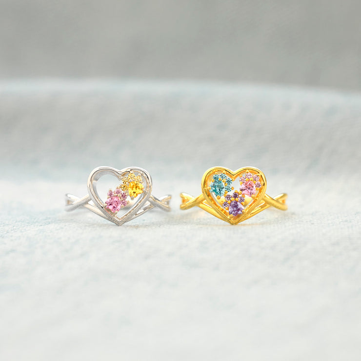 Proud Dog Mom Paw In Heart 1-5 Birthstones Ring