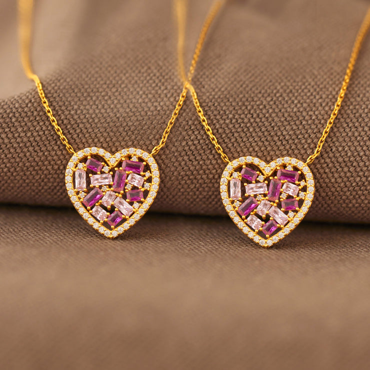 Mother Daughter Matching Broken Pieces Pink Heart-Shaped Necklace