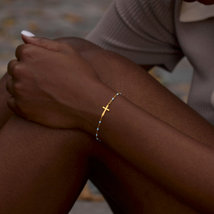 Cross Bracelet With Blue Beads