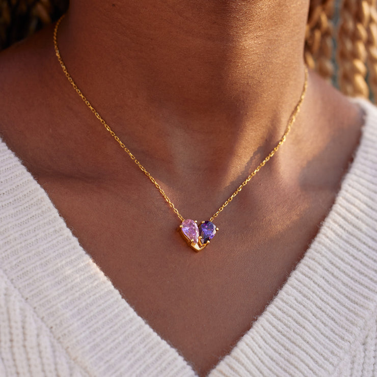 Two Teardrop Birthstone Heart Necklace