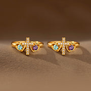 Sisters in Christ Dual Birthstones Cross Heart Ring