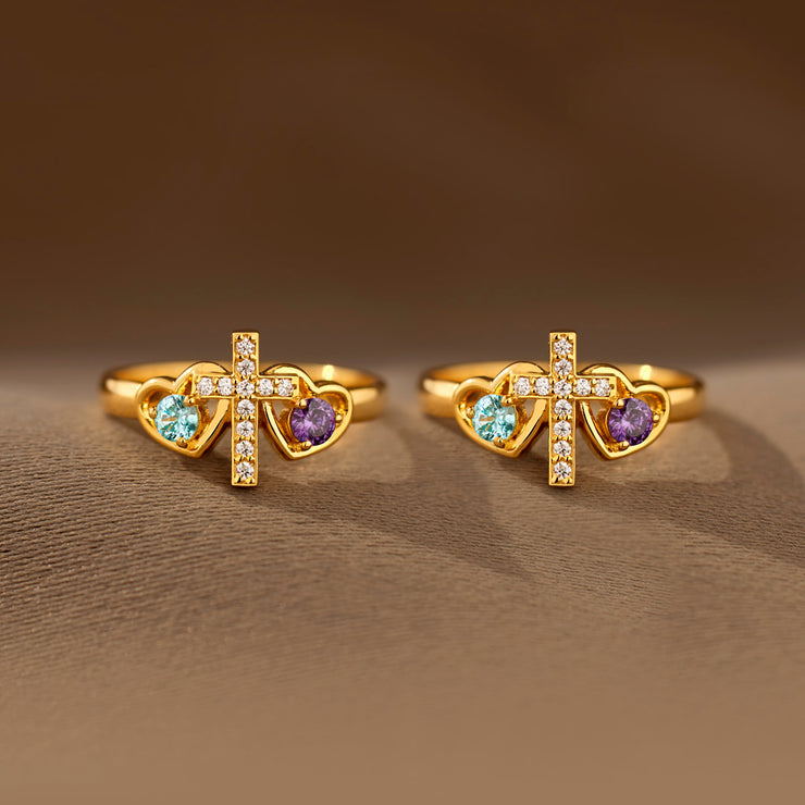 Sisters in Christ Dual Birthstones Cross Heart Ring