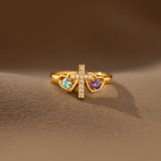 A blessed bond Dual Birthstones Cross Heart Ring