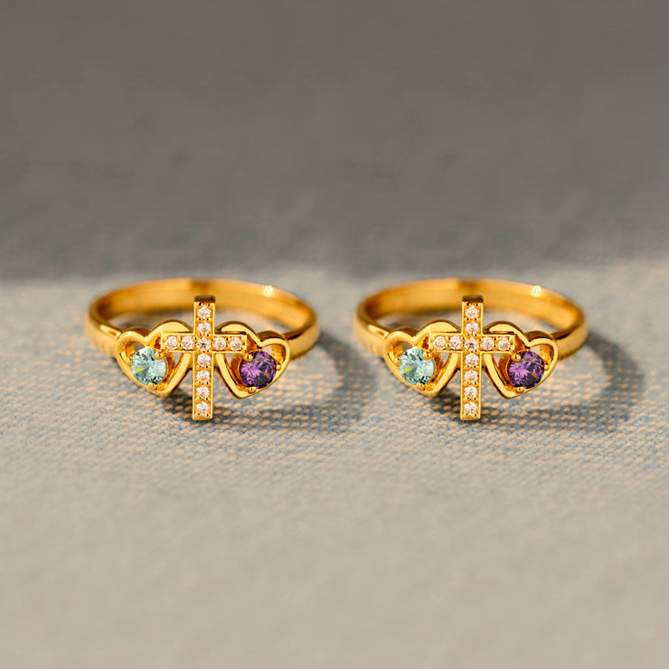 Sisters in Christ Dual Birthstones Cross Heart Ring