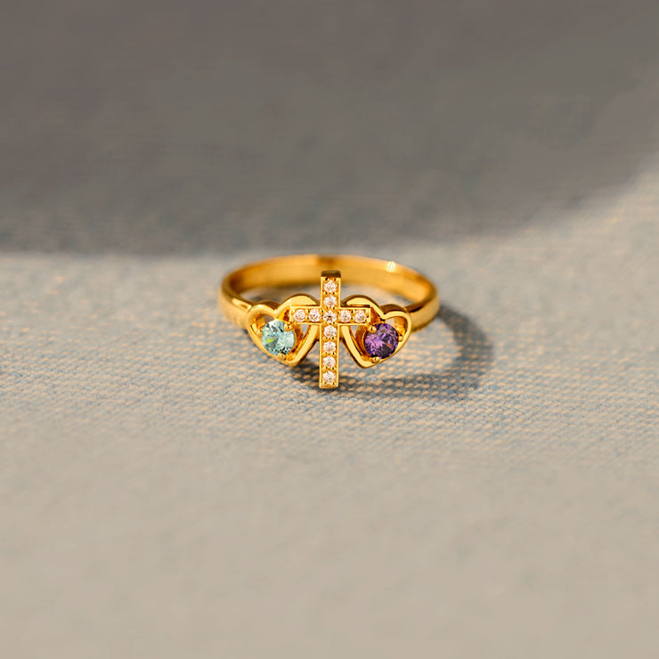A blessed bond Dual Birthstones Cross Heart Ring