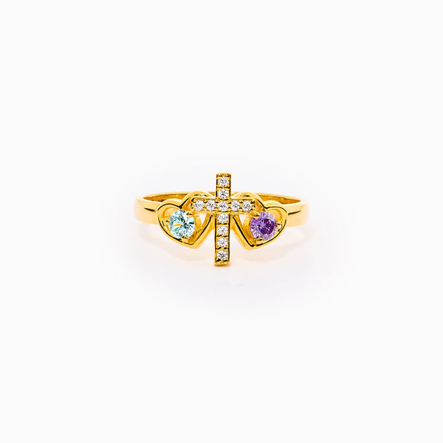 Mother & Daughter Dual Birthstones Cross Heart Ring