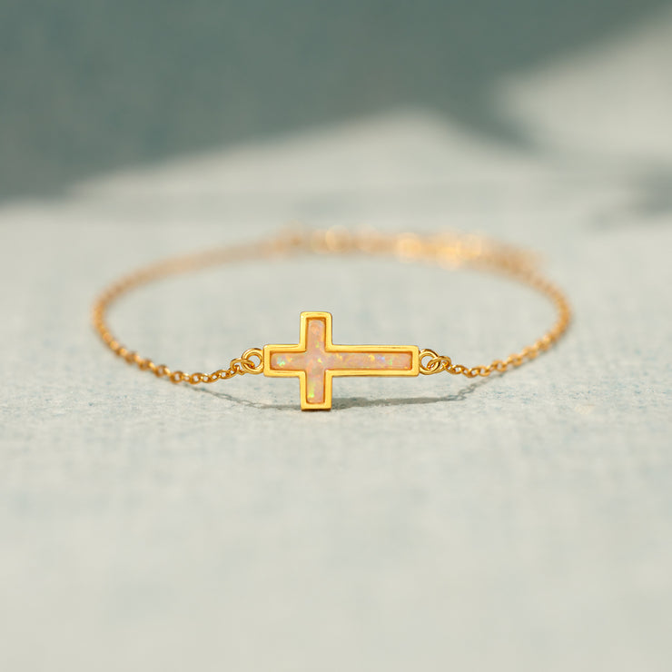 God Will Stand By Us Opal Cross Bracelet