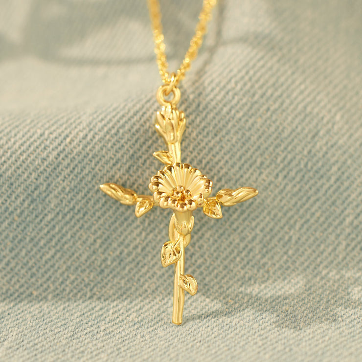 Birth Flower Cross Necklace