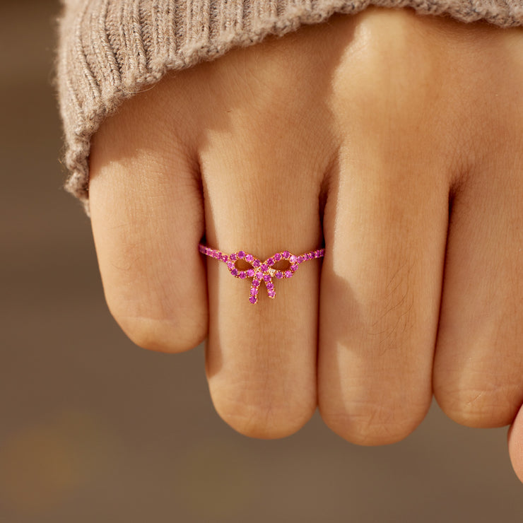 Pink Pavé Bow Ring in Gold Color with Hot Pink Stones