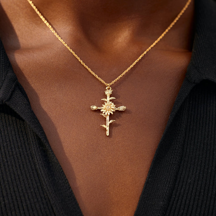 Never Underestimate Her Birth Flower Cross Necklace