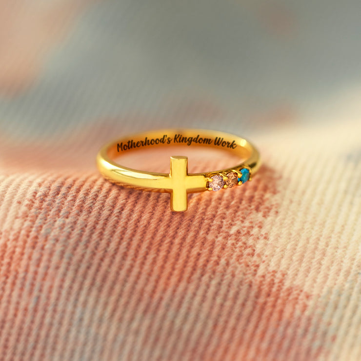 Motherhood is Kingdom Work 1-7 Birthstones Cross Ring