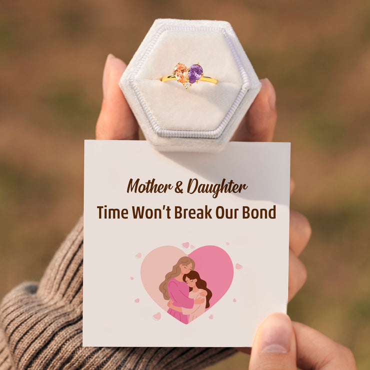 Mother And Daughter Dual Water Drop Birthstones Heart Ring