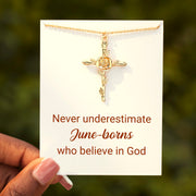 Never Underestimate Her Birth Flower Cross Necklace