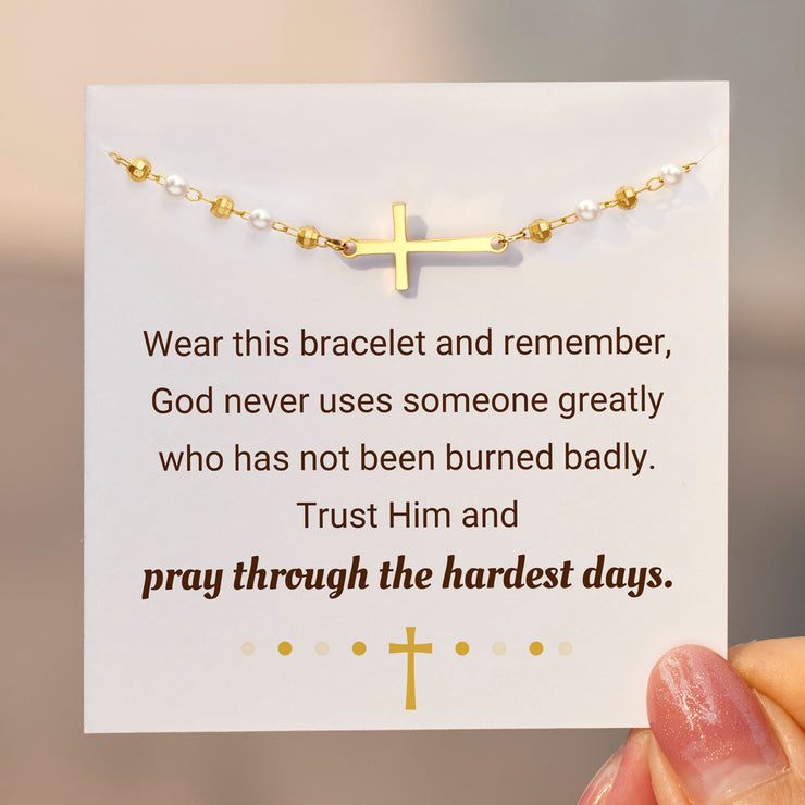 Pray Through the Hardest Days Cross Pearl Bracelet