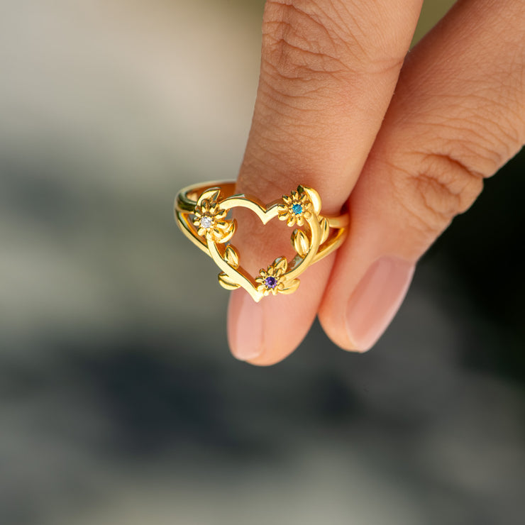 1-5 Birthstones Flower Heart Ring