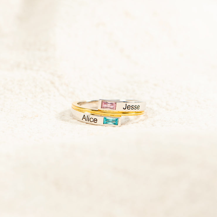 Two Name&Birthstone Bypass Ring