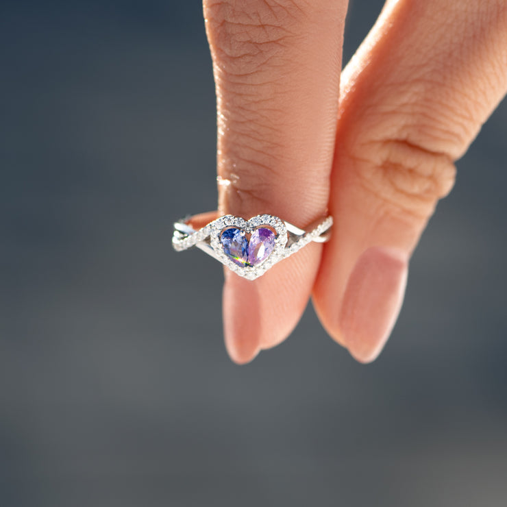 Our Love Touches Each Other's Hearts Dual Teardrop Birthstone Heart Ring