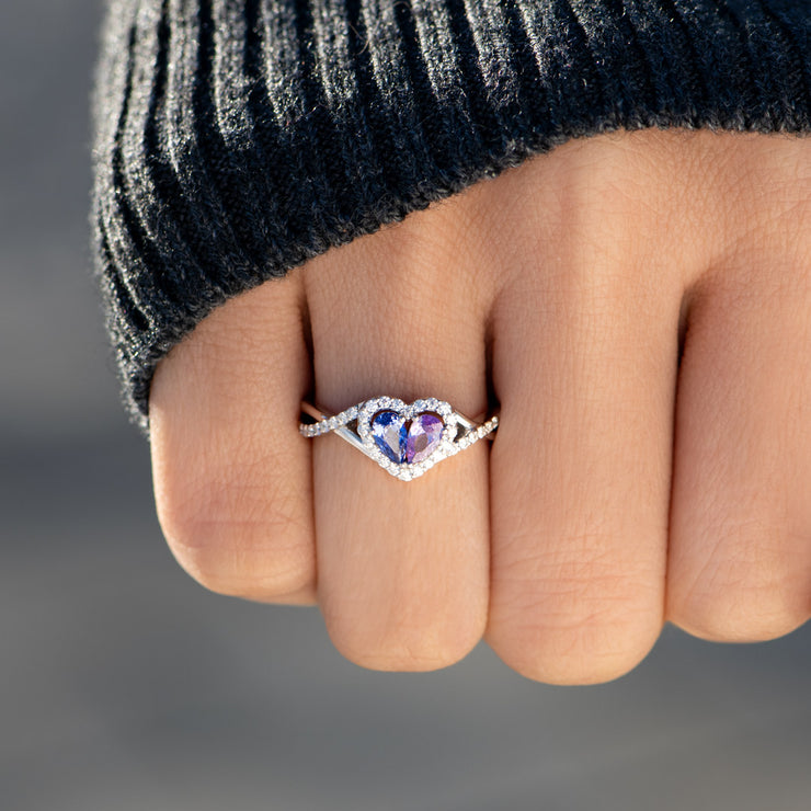 Our Love Touches Each Other's Hearts Dual Teardrop Birthstone Heart Ring