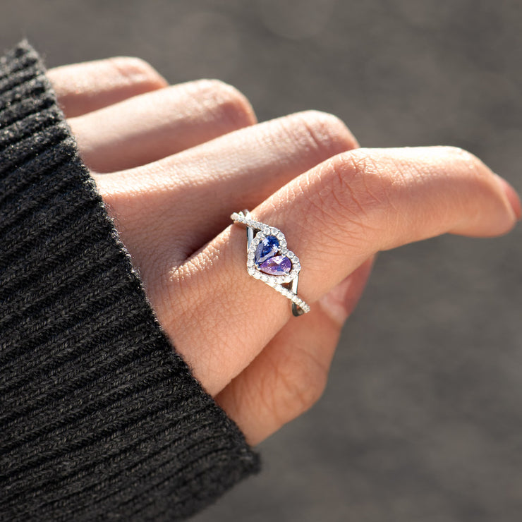 Our Love Touches Each Other's Hearts Dual Teardrop Birthstone Heart Ring