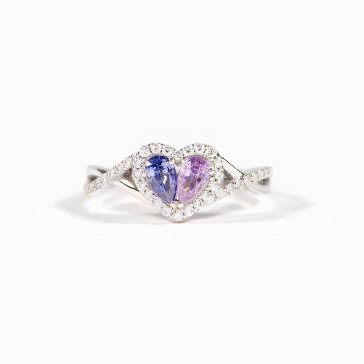 Our Love Touches Each Other's Hearts Dual Teardrop Birthstone Heart Ring