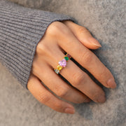 Mom and 1-4 Kids Heart Birthstone Ring