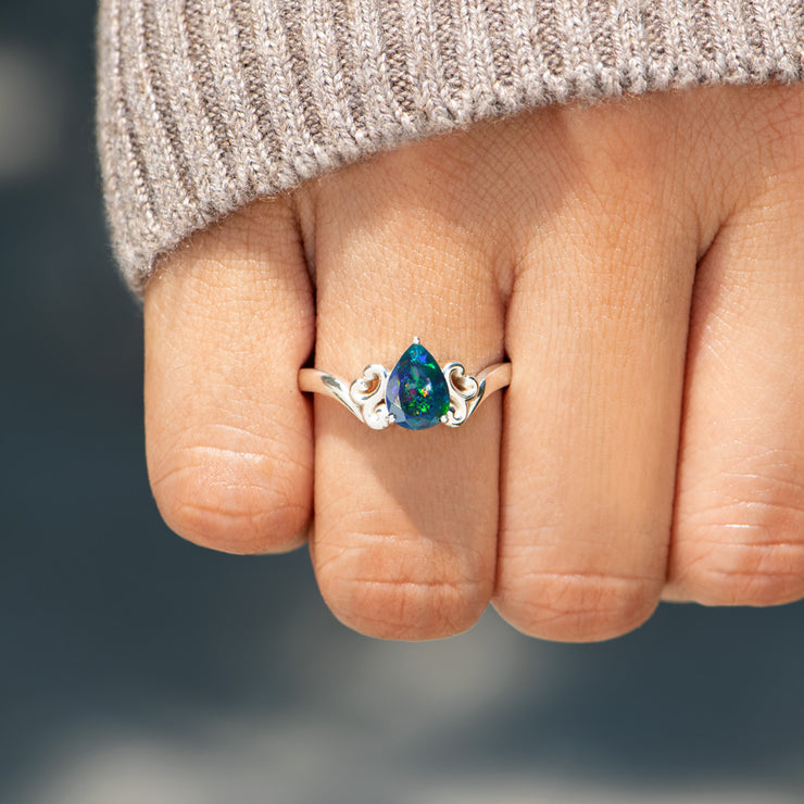 Natural Teardrop Black Opal Ring - Storyjewellery