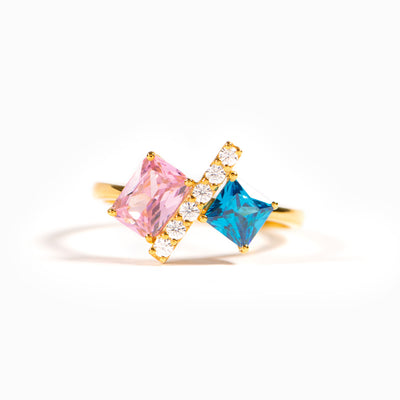 Mom & Kid Square Duo Birthstones Ring