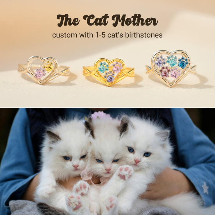 The Catmother Custom Paw In Heart 1-5 Birthstones Ring
