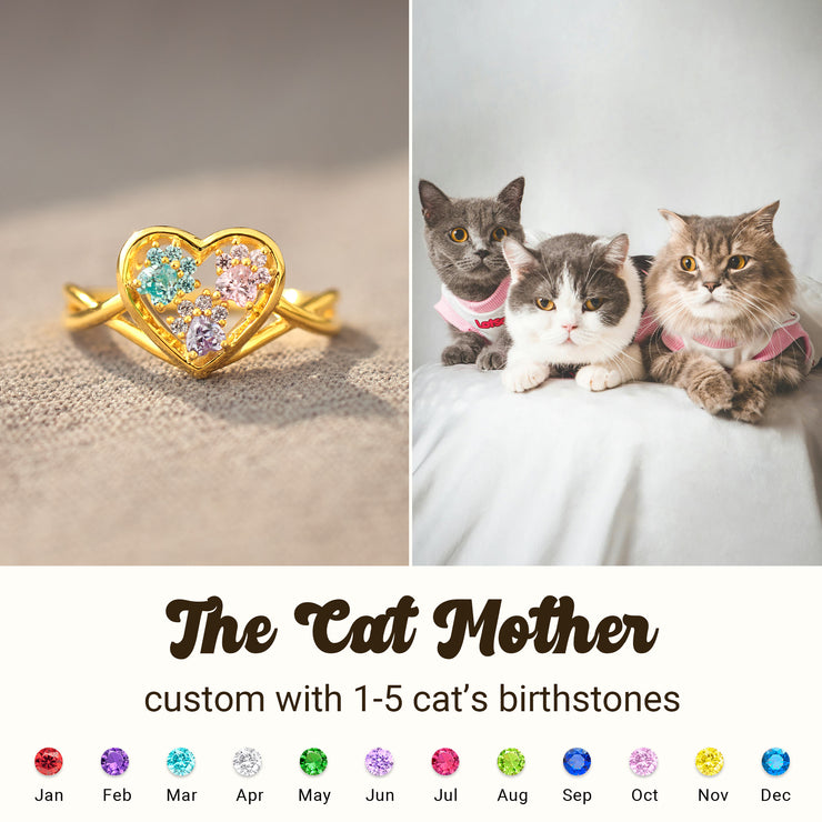 The Catmother Custom Paw In Heart 1-5 Birthstones Ring