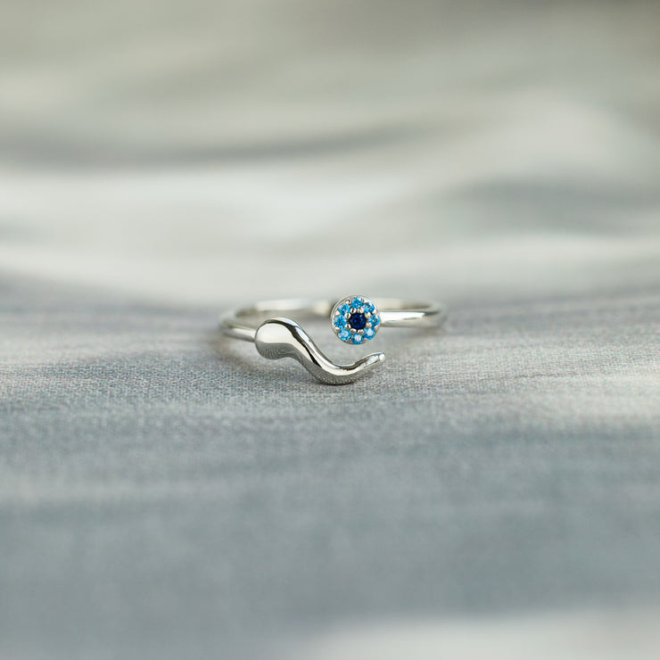 Evil Eye Ring, Italian Horn Ring in silver plated with environmental background
