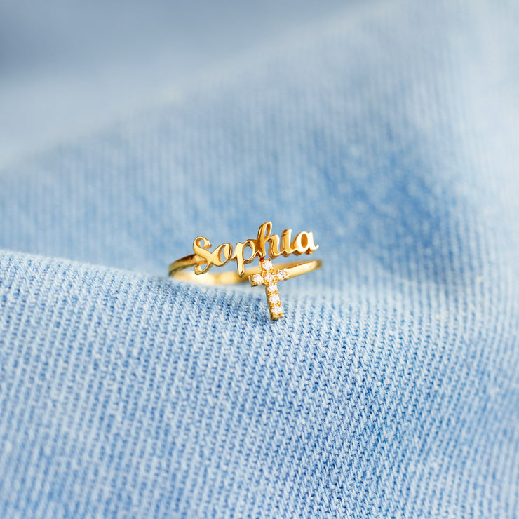 Personalized Name Cross Ring