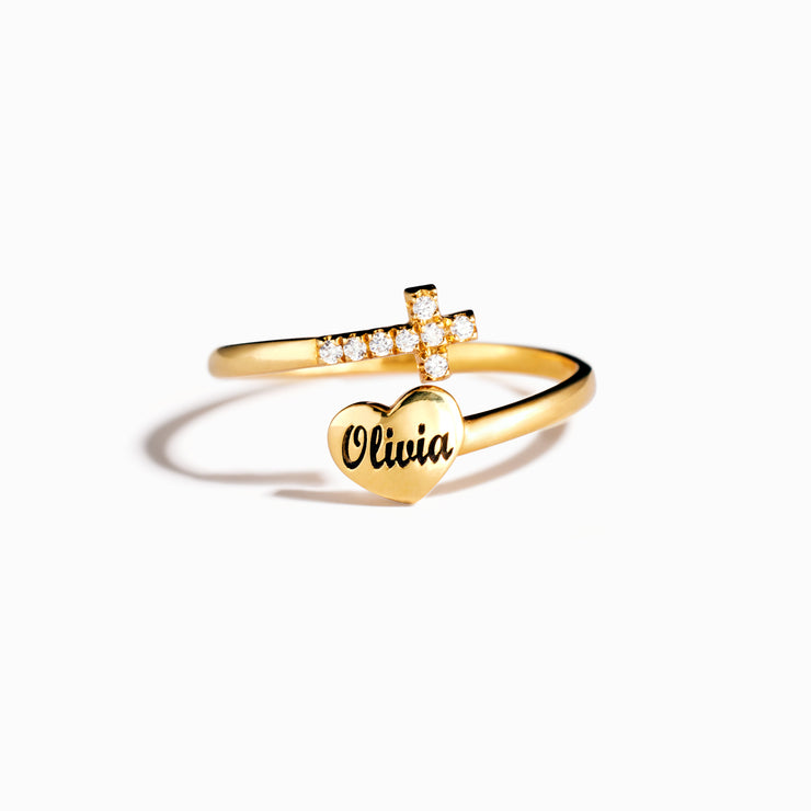 Personalized Name Heart & Cross Ring