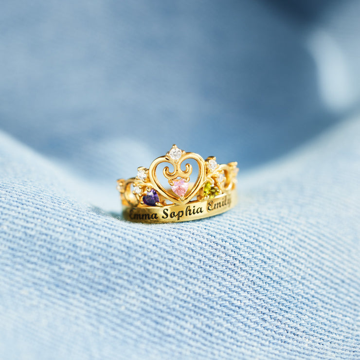 1-4 Names & Birthstones Crown Ring