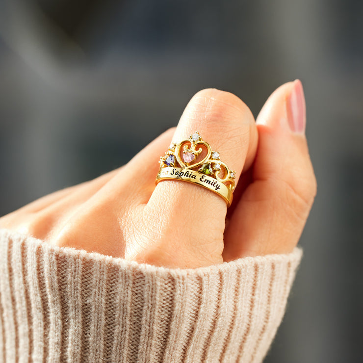 1-4 Names & Birthstones Crown Ring