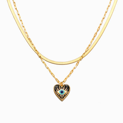 Enamel Heart Evil Eye Layered Necklace Set